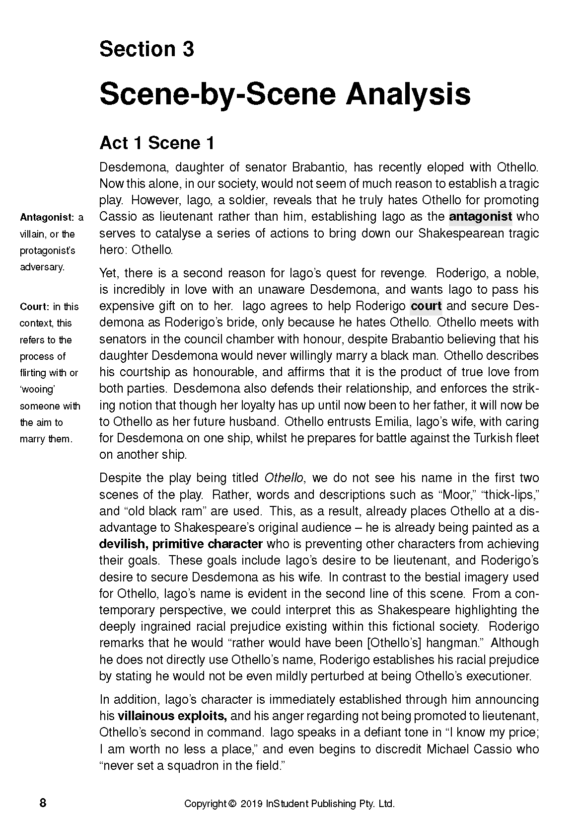 White text guide page by InStudent Publishing Pty. Ltd., displaying 'Section 3 Scene-by-Scene Analysis' of Othello with definitions.