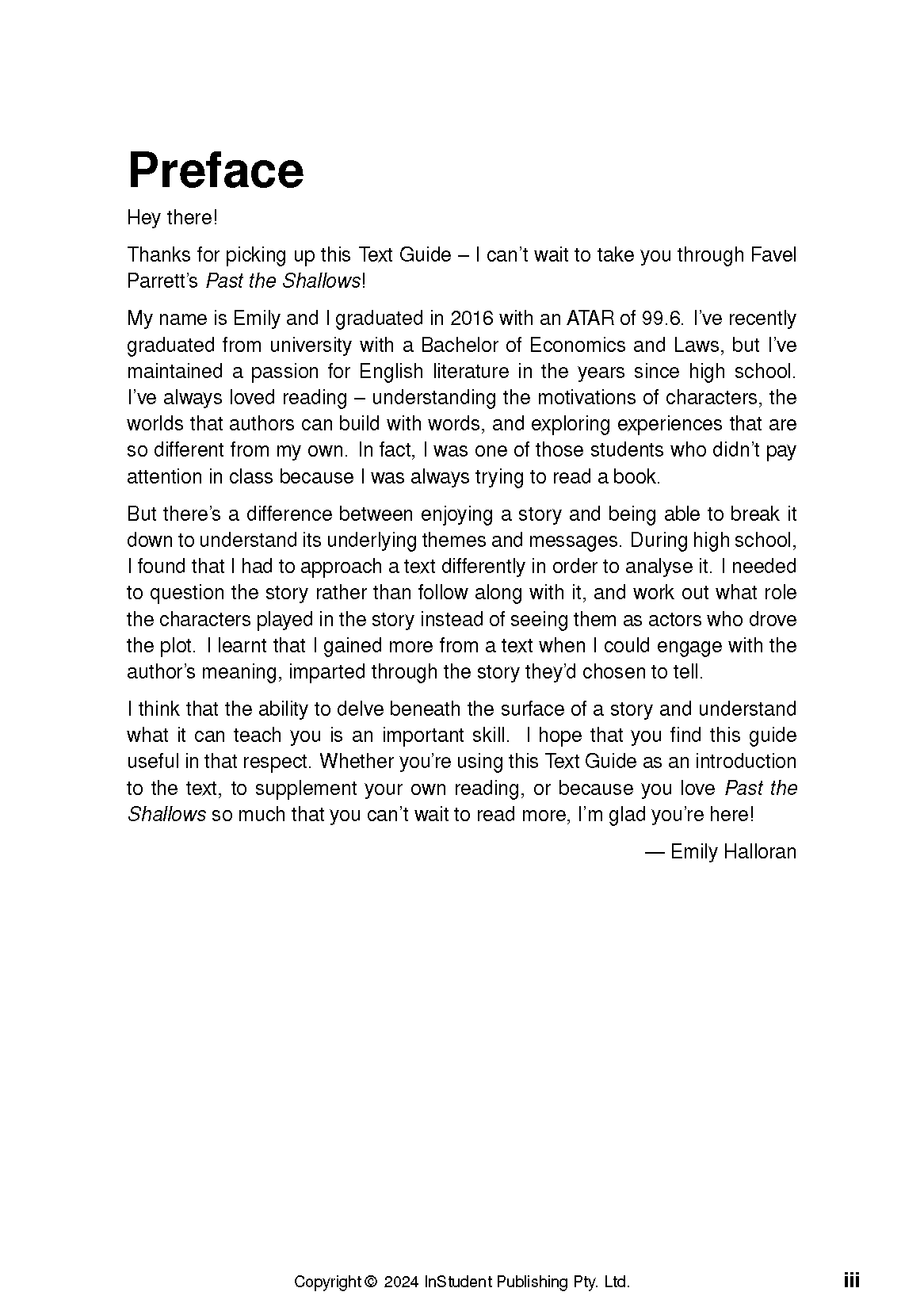 Text Guide for Past the Shallows by Favel Parrett, showing a white page with black preface text.