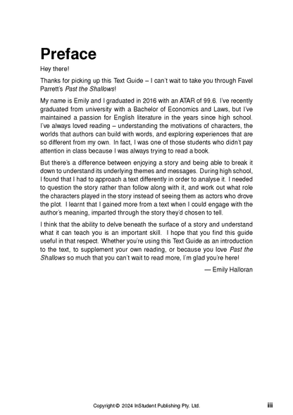 Text Guide for Past the Shallows by Favel Parrett, showing a white page with black preface text.