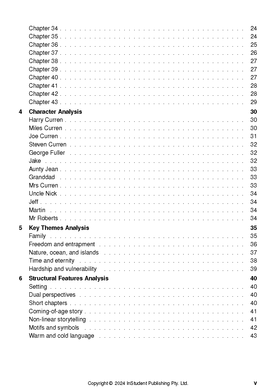 White text guide page by InStudent Publishing Pty. Ltd. showing a table of contents with bold headings and page numbers.