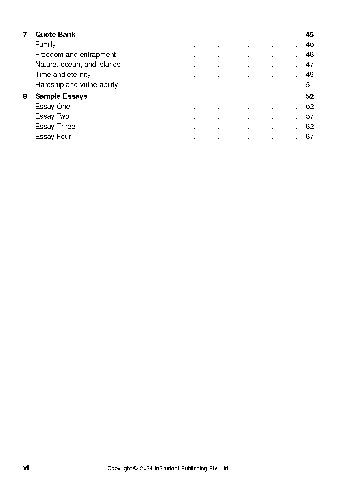 Text Guide by InStudent Publishing Pty. Ltd. with a table of contents page showing Quote Bank and Sample Essays sections.