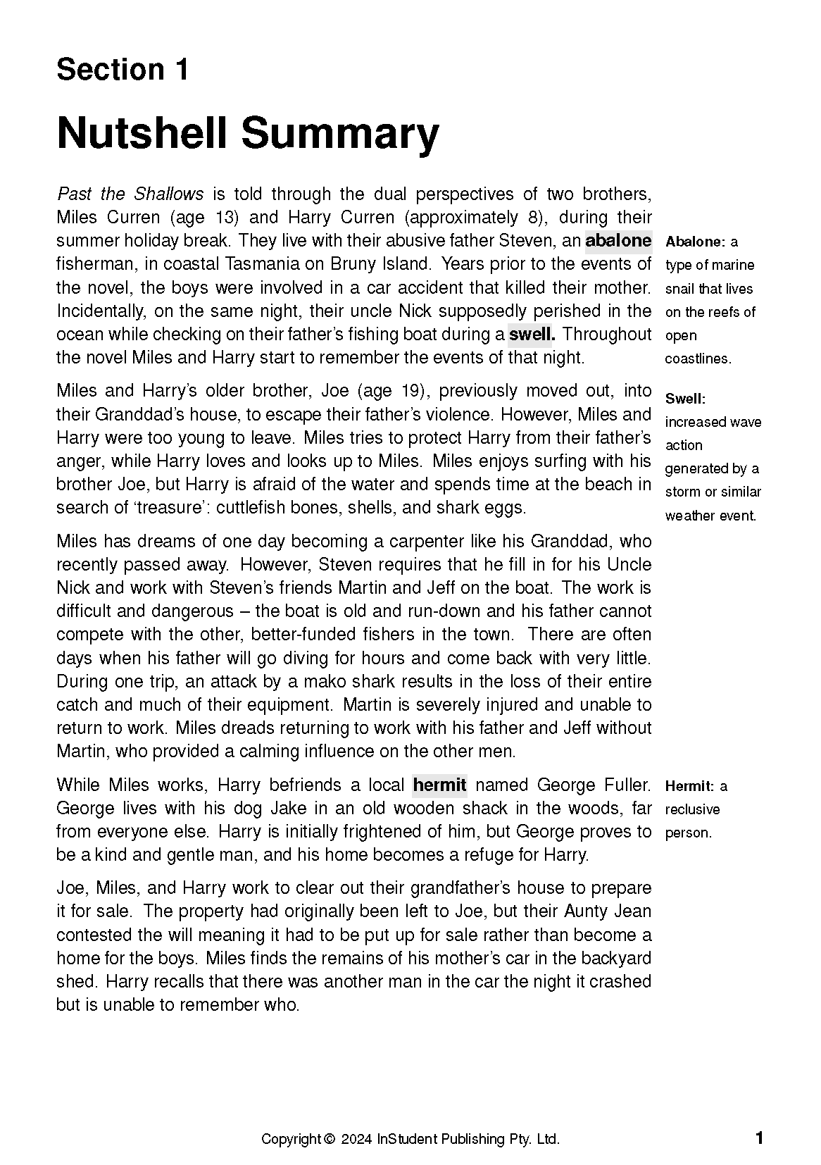 Text guide for Past the Shallows by Favel Parrett, showing a 'Nutshell Summary' with definitions for 'Abalone', 'Swell', and 'Hermit'.
