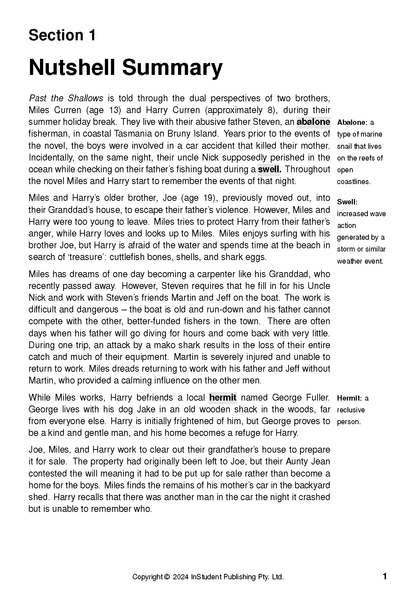 Text guide for Past the Shallows by Favel Parrett, showing a 'Nutshell Summary' with definitions for 'Abalone', 'Swell', and 'Hermit'.
