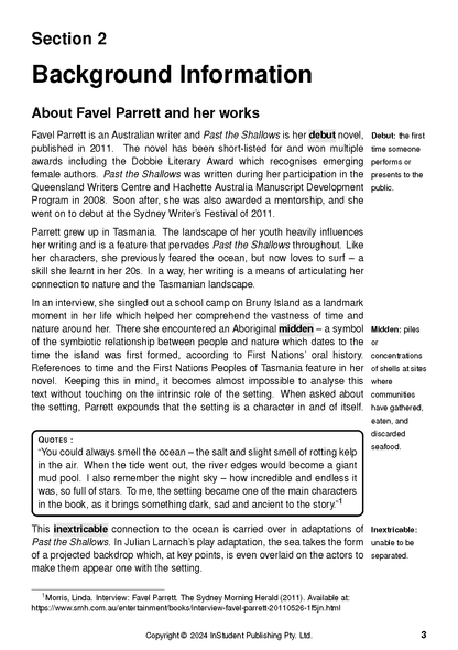 Text Guide page about Past the Shallows by Favel Parrett, with black text, headings, definitions, and a quote.