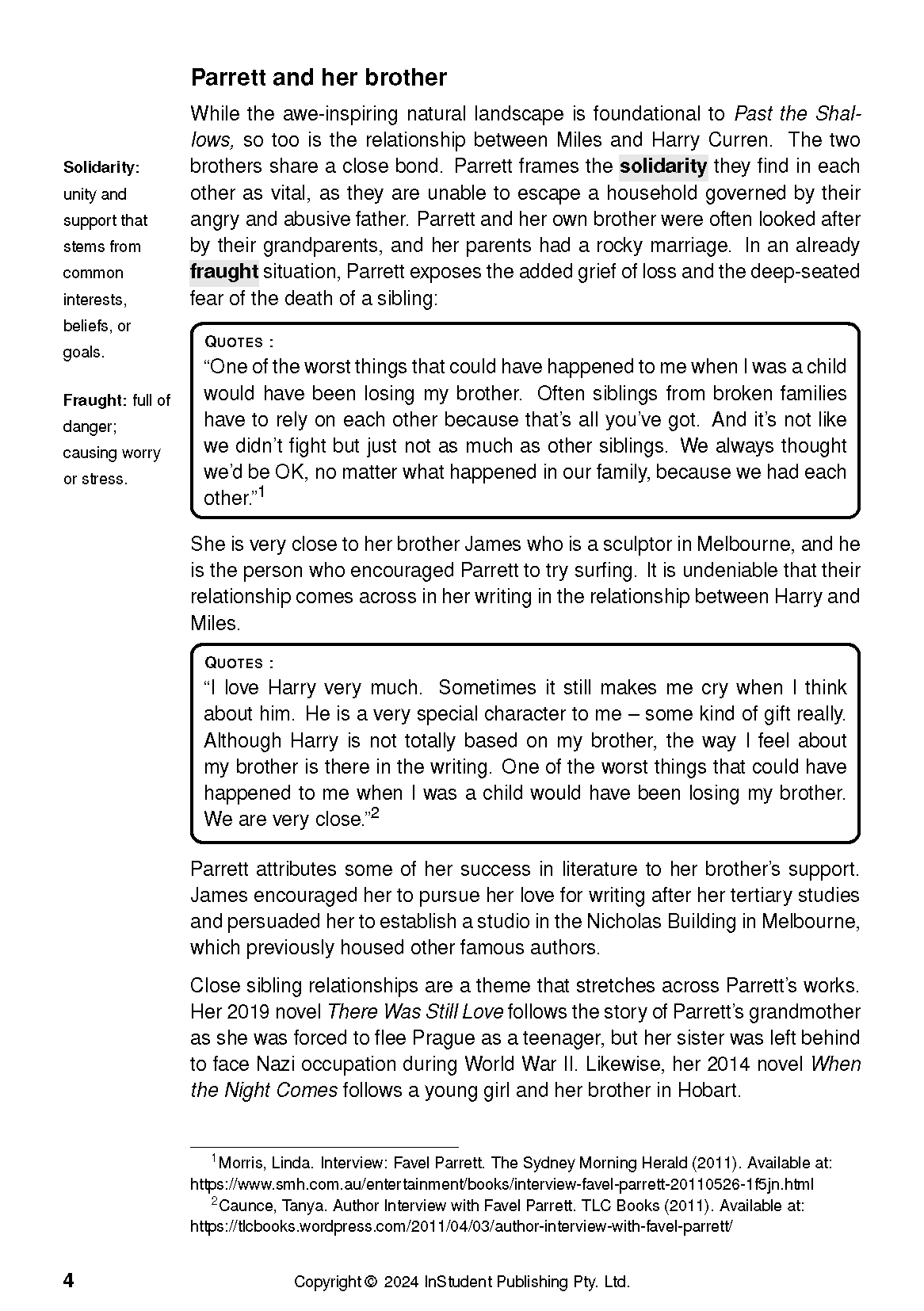 Text guide page about Past the Shallows by Favel Parrett, featuring black text, definitions, and quotes on white.
