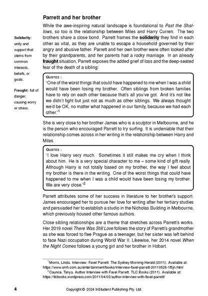Text guide page about Past the Shallows by Favel Parrett, featuring black text, definitions, and quotes on white.