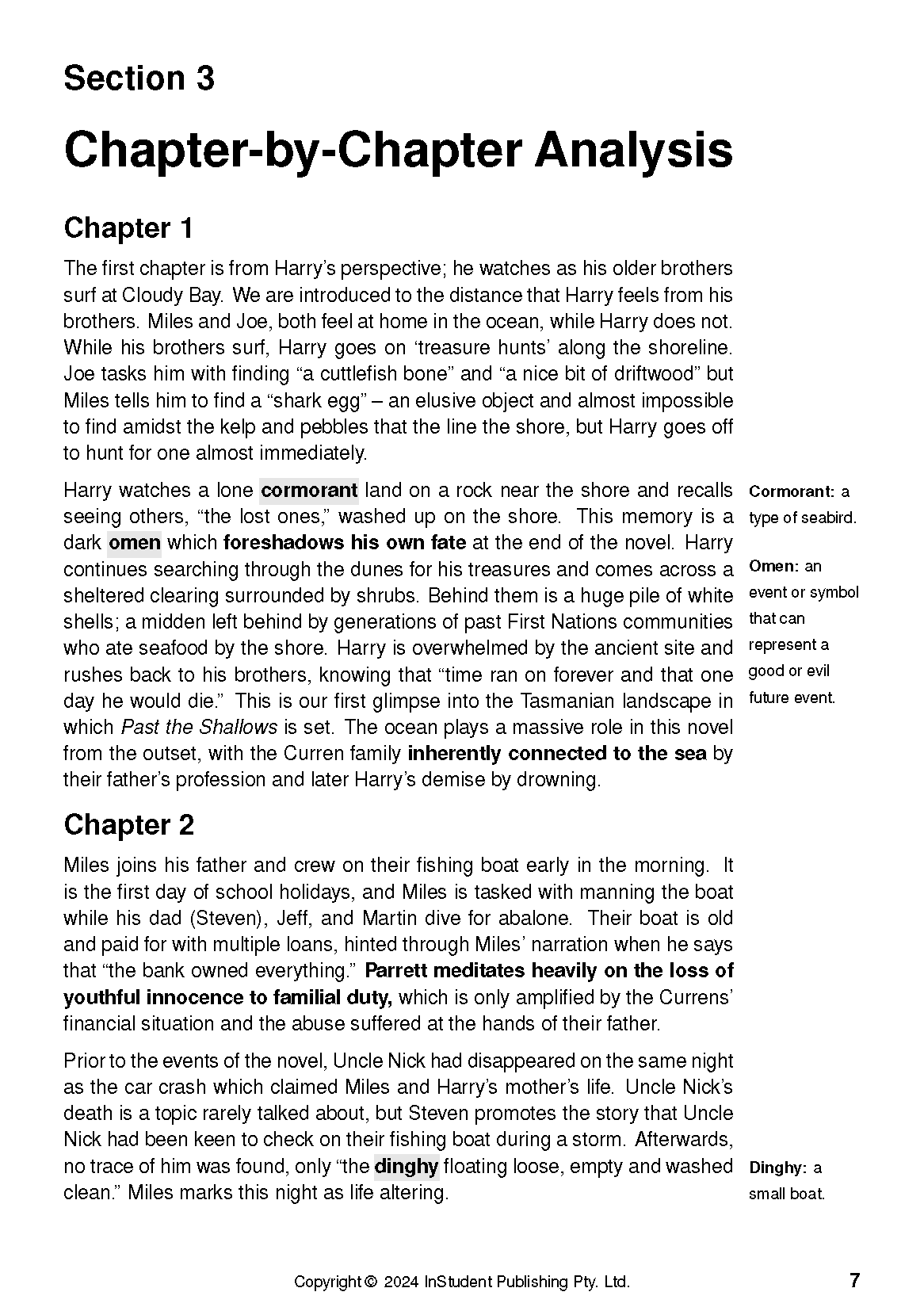 Text Guide showing a white page of 'Chapter-by-Chapter Analysis' with black text, bold headings, and right-margin glossary.