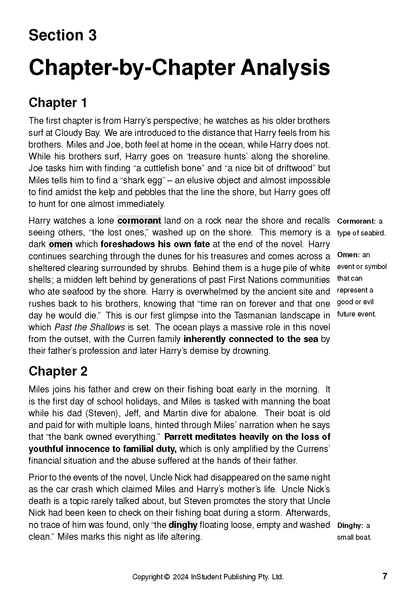 Text Guide showing a white page of 'Chapter-by-Chapter Analysis' with black text, bold headings, and right-margin glossary.