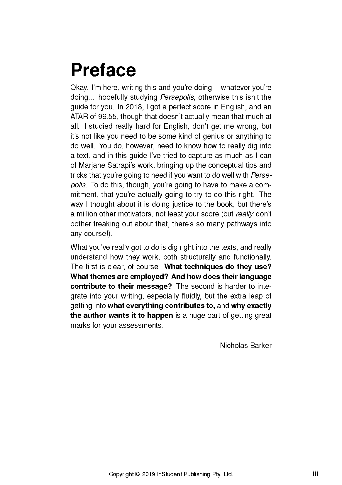 Text guide for Persepolis by Marjane Satrapi, from InStudent Publishing Pty. Ltd., showing a white page with a preface by Nicholas Barker.