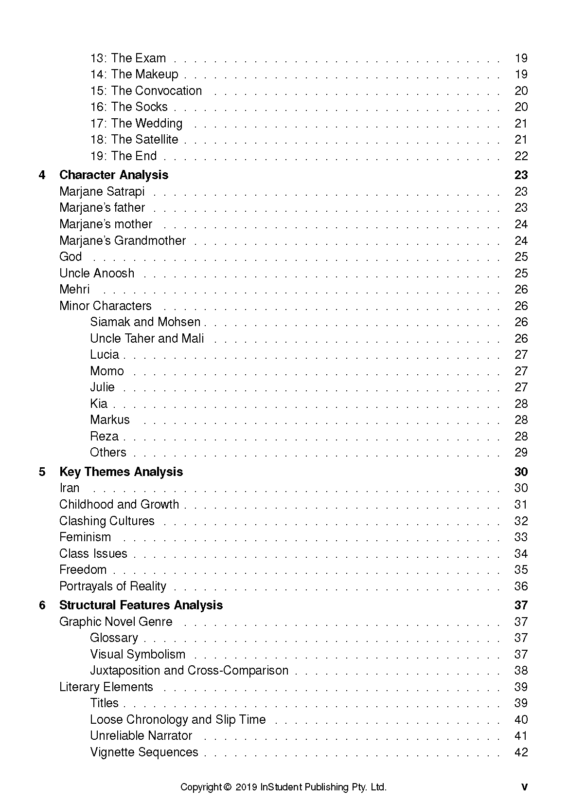 Text guide for Persepolis by Marjane Satrapi from InStudent Publishing Pty. Ltd., displaying its table of contents with chapter titles and page numbers.