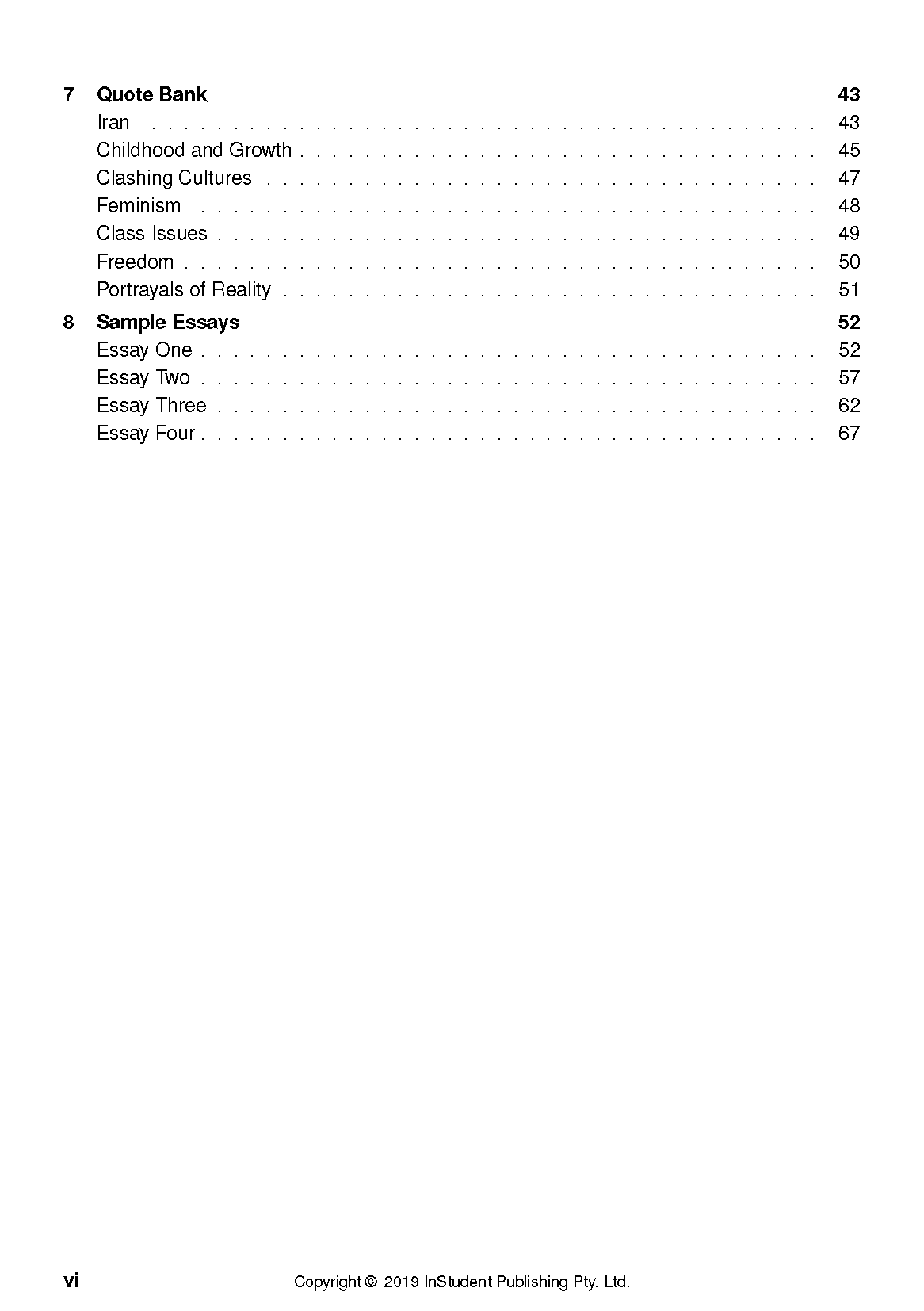 Persepolis Text Guide by InStudent Publishing displaying a table of contents with 'Quote Bank' and 'Sample Essays' sections.