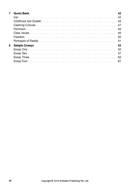 Persepolis Text Guide by InStudent Publishing displaying a table of contents with 'Quote Bank' and 'Sample Essays' sections.