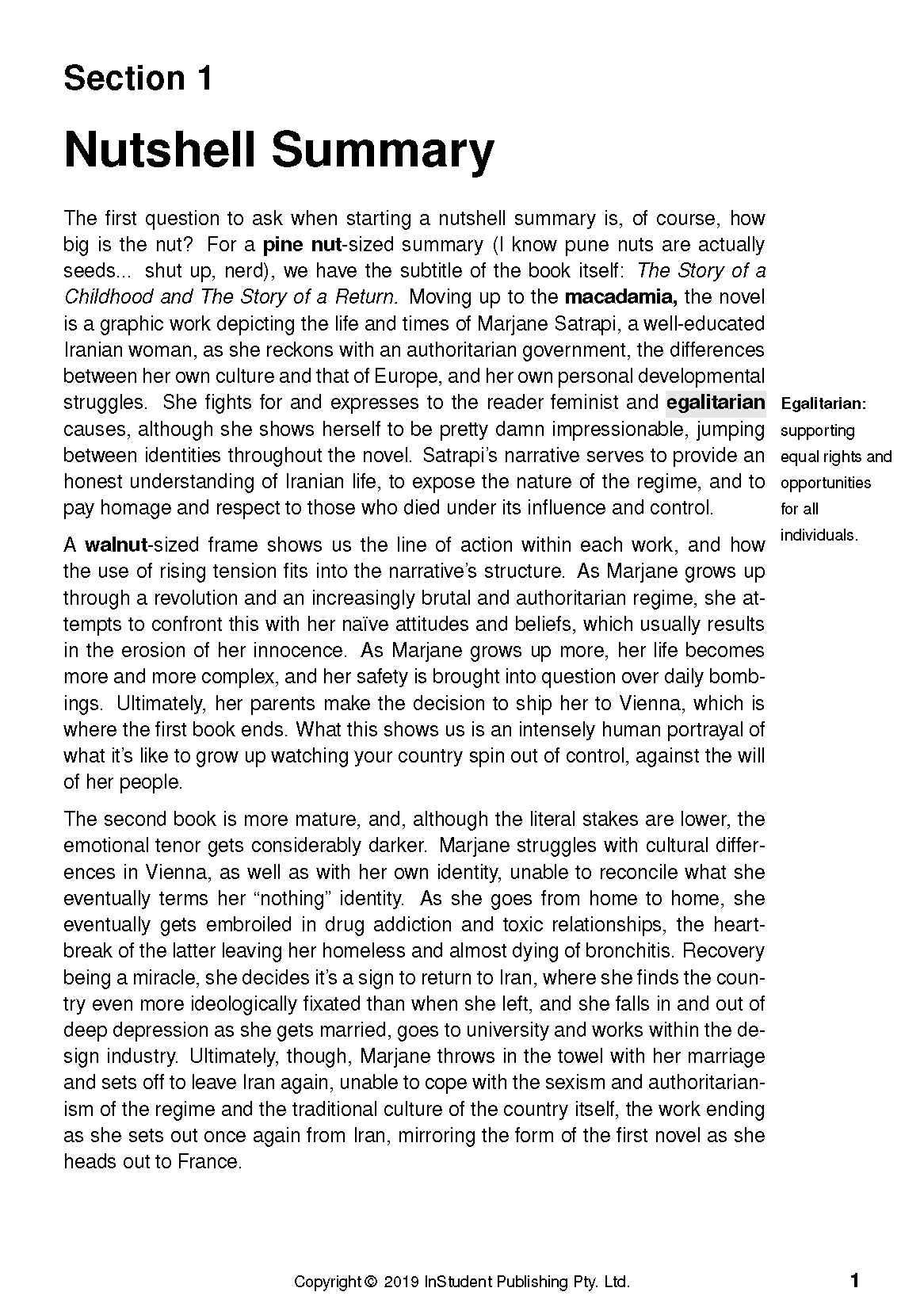 Text guide for Persepolis by Marjane Satrapi, showing a white page with black text and "Section 1 Nutshell Summary" title.