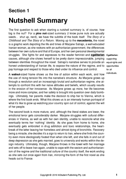 Text guide for Persepolis by Marjane Satrapi, showing a white page with black text and "Section 1 Nutshell Summary" title.