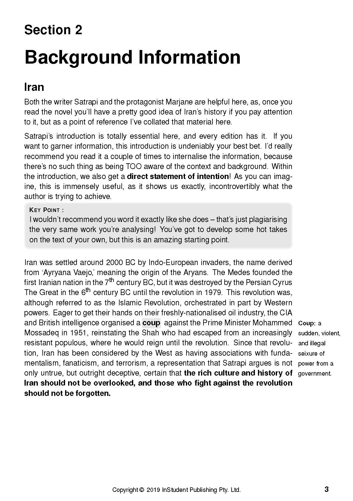 Text Guide page for Persepolis by Marjane Satrapi, showing headings, body text, a gray 'KEY POINT' section, and a 'Coup' definition.