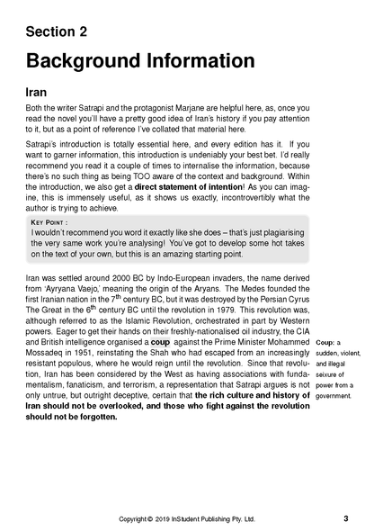 Text Guide page for Persepolis by Marjane Satrapi, showing headings, body text, a gray 'KEY POINT' section, and a 'Coup' definition.