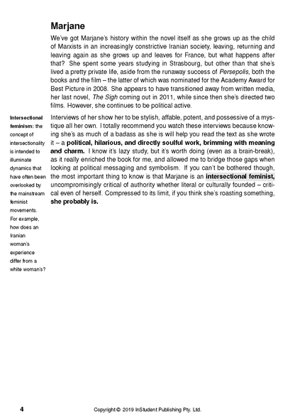 Text guide page with black text on a white background, featuring a 'Marjane' title, marginal definitions, and page number 4.