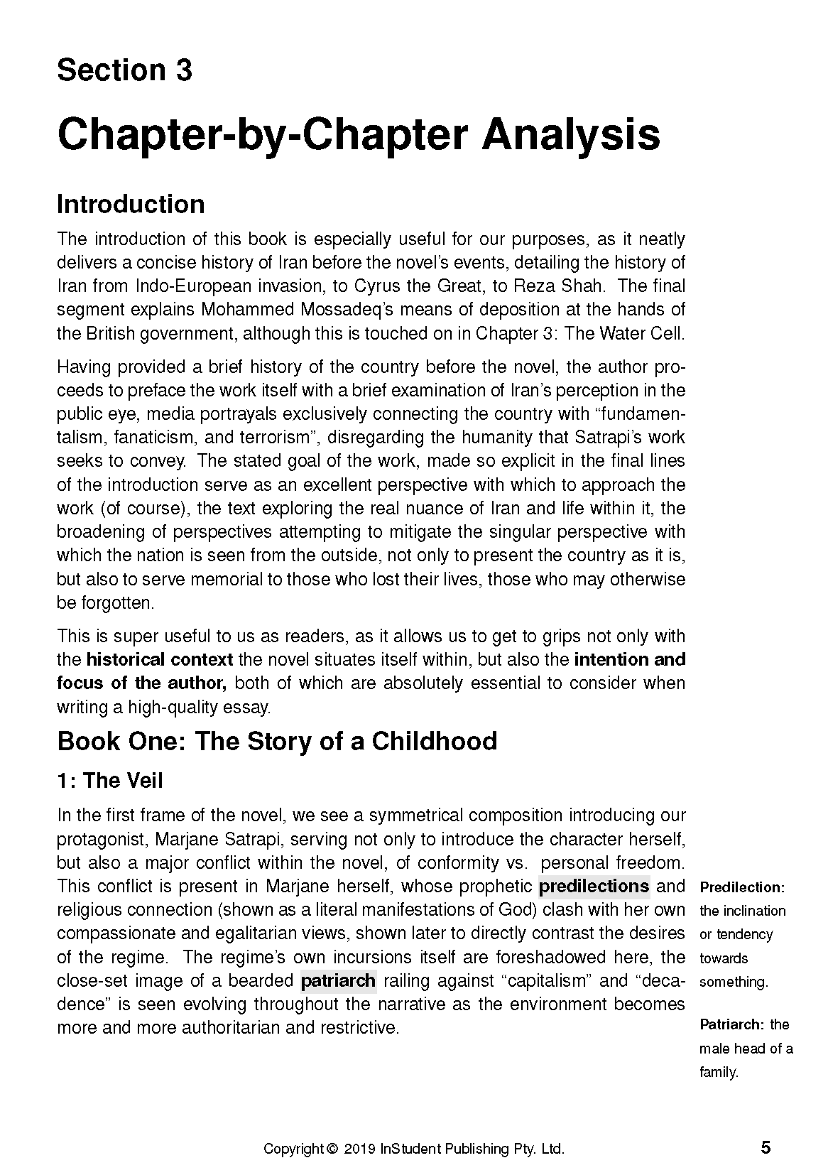 White educational text guide by InStudent Publishing Pty. Ltd. for Persepolis, showing chapter analysis and definitions on page 5.