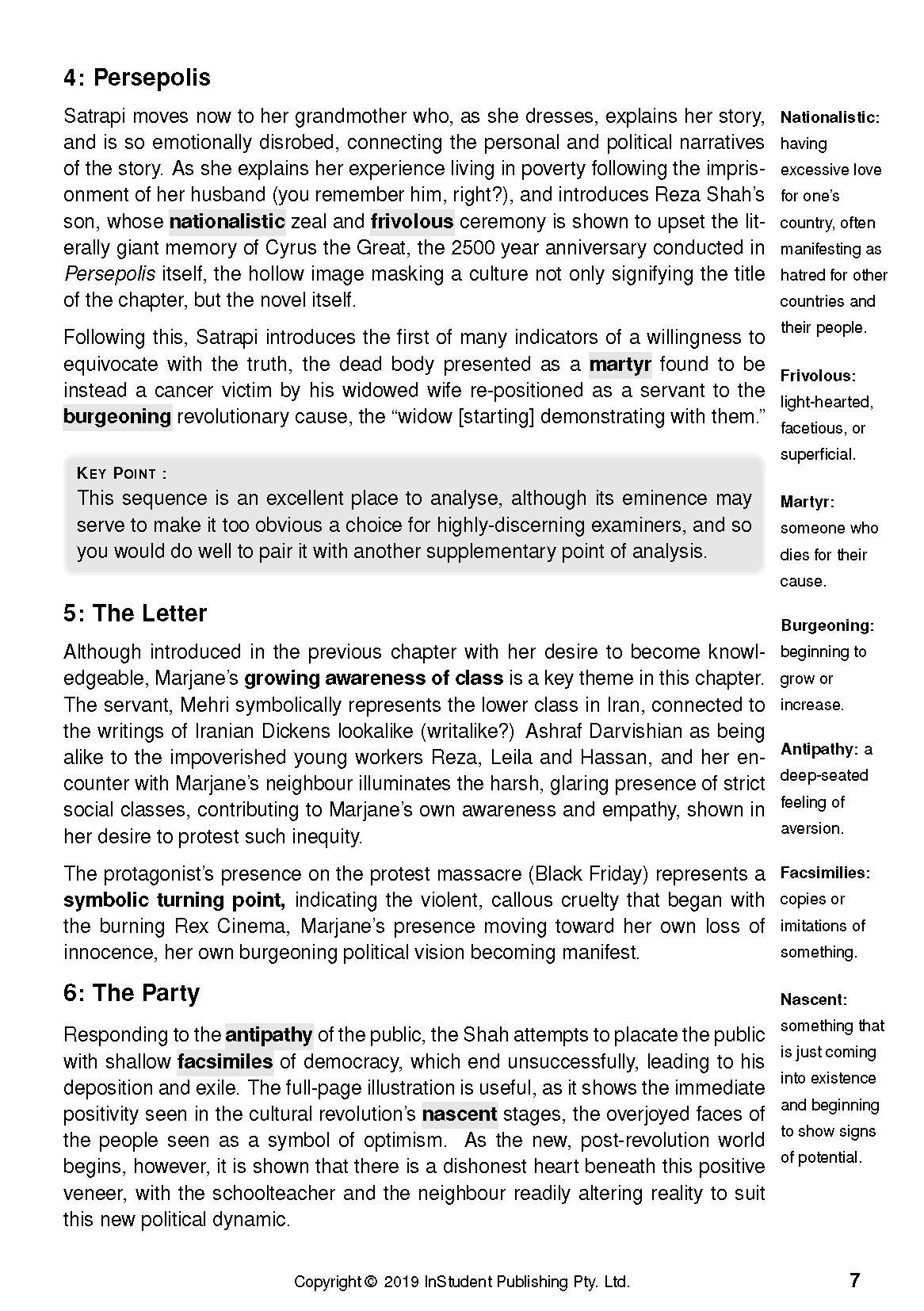 Text guide page for Persepolis displaying chapters 4, 5, and 6 with highlighted terms and definitions.