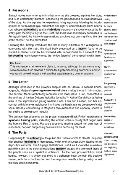 Text guide page for Persepolis displaying chapters 4, 5, and 6 with highlighted terms and definitions.