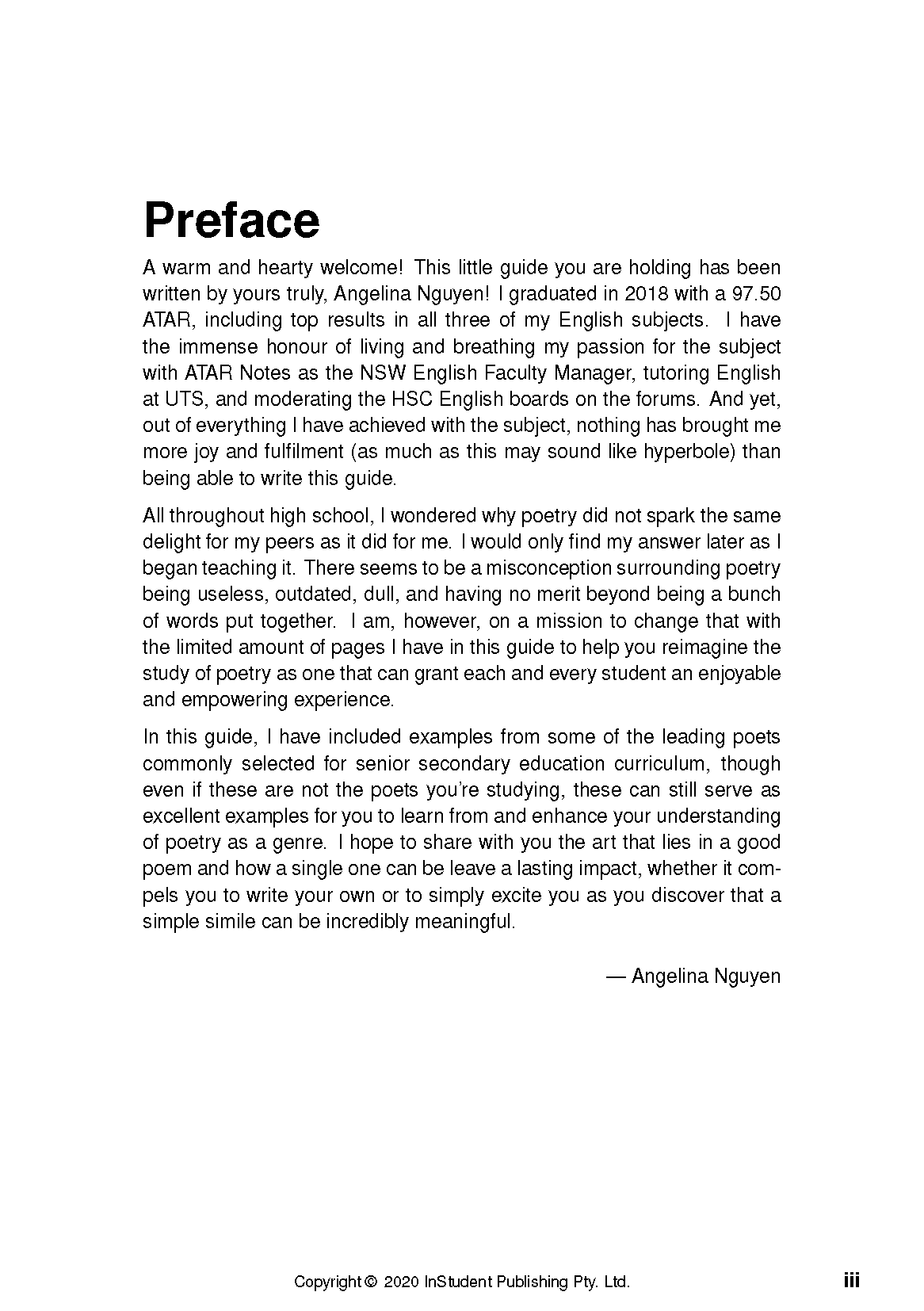 White page from an Analysis Guide on poetry analysis by ATAR Notes, displaying a 'Preface' with black text and 2020 copyright.