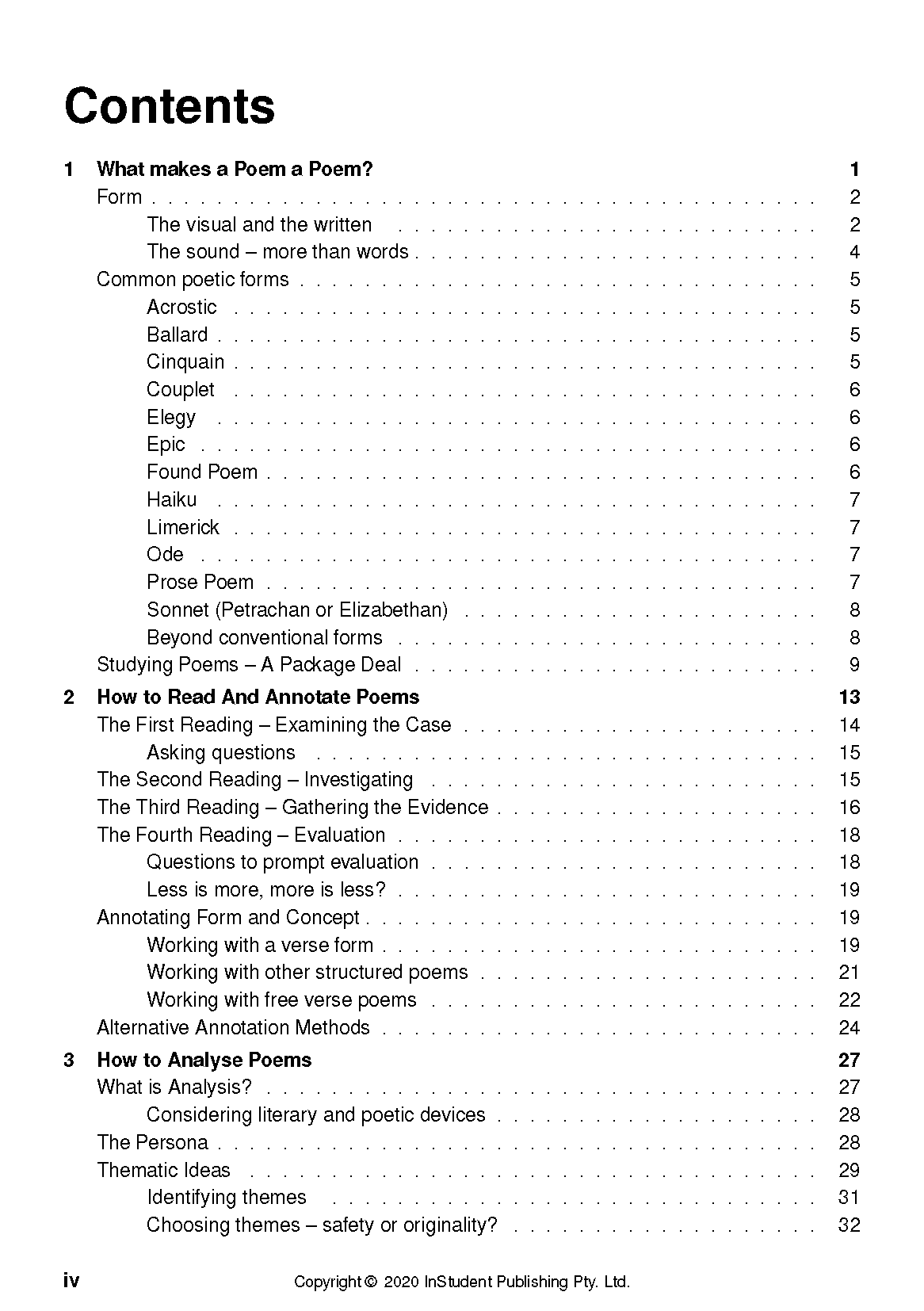 Table of contents page from a poetry analysis guide by ATAR Notes, listing chapters and page numbers.
