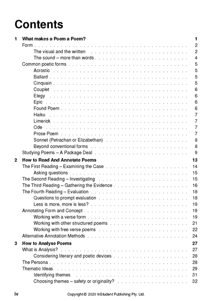 Table of contents page from a poetry analysis guide by ATAR Notes, listing chapters and page numbers.