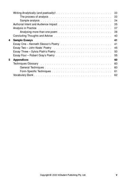 Poetry analysis text guide by ATAR Notes Analysis Guides, displaying a table of contents in black text on a white page.