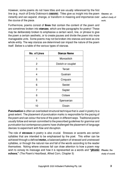 Poetry analysis text guide by ATAR Notes, showing a page with poetic term definitions and a table of stanza types.