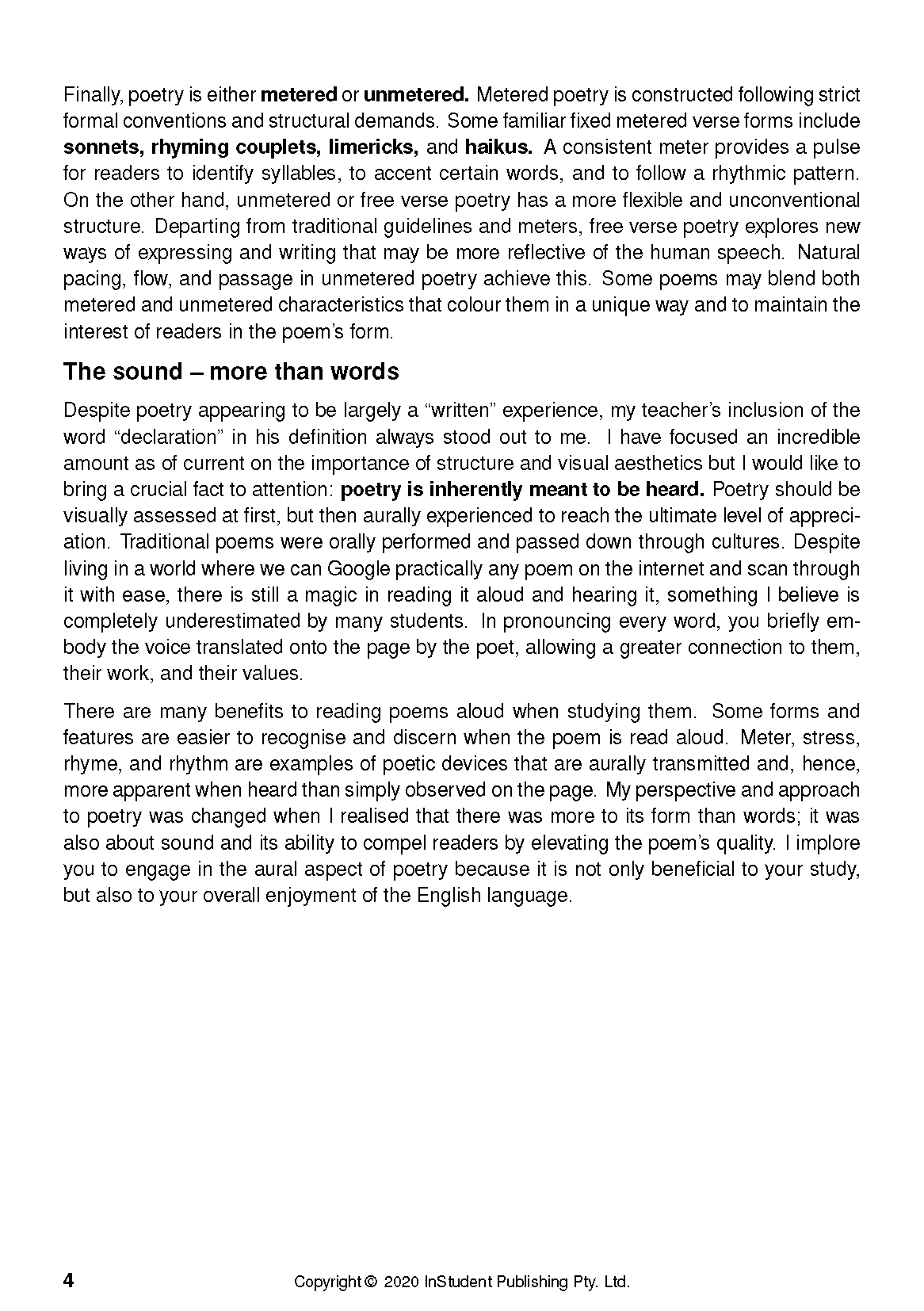 Poetry analysis text guide by ATAR Notes open to a white page with black text discussing poetry forms and sound.