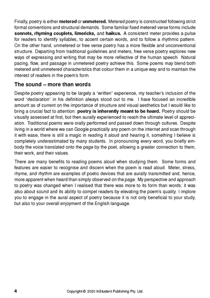 Poetry analysis text guide by ATAR Notes open to a white page with black text discussing poetry forms and sound.