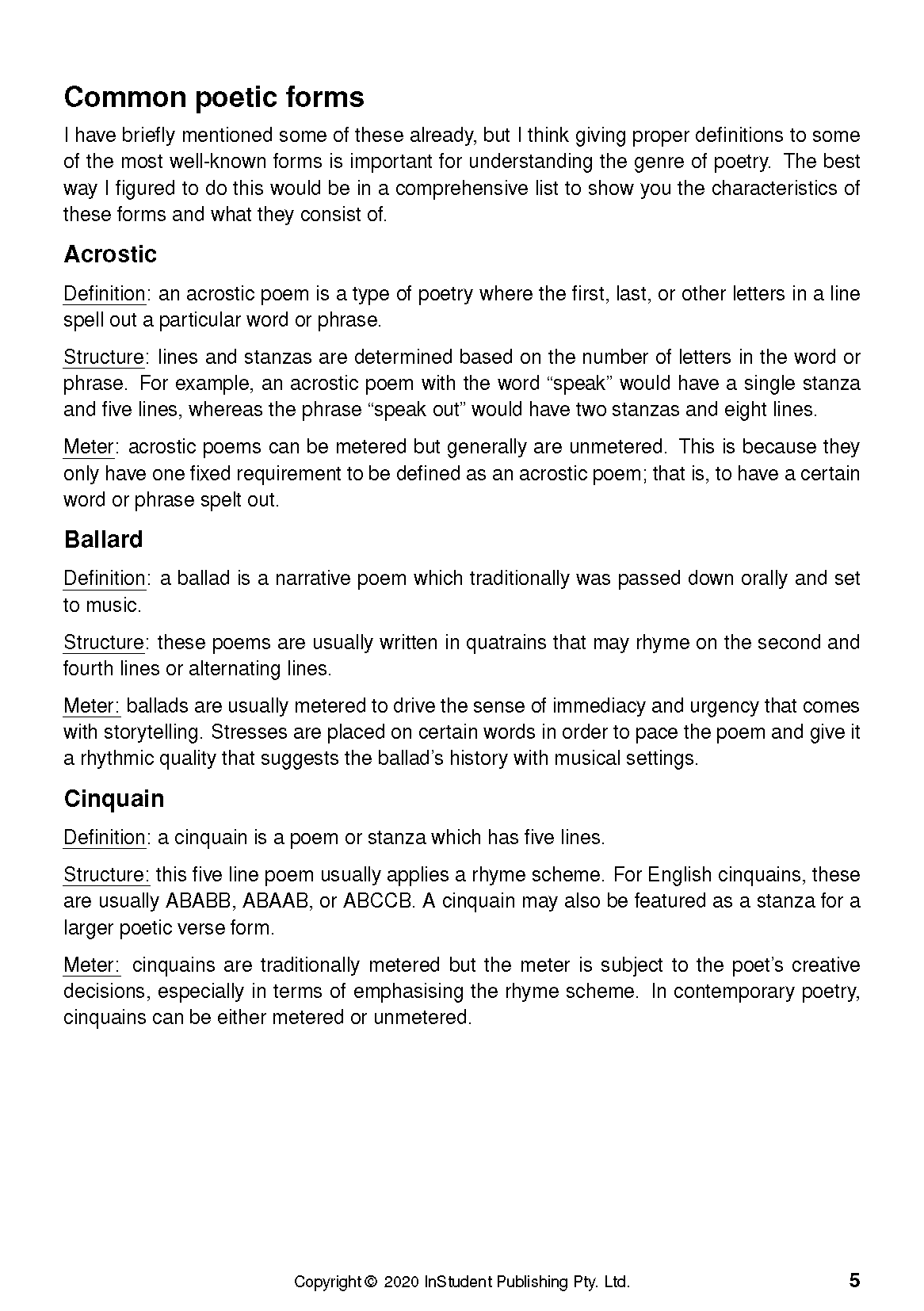 Poetry analysis guide by ATAR Notes Analysis Guides displaying a white page with black text on common poetic forms, including Acrostic, Ballard, and Cinquain.