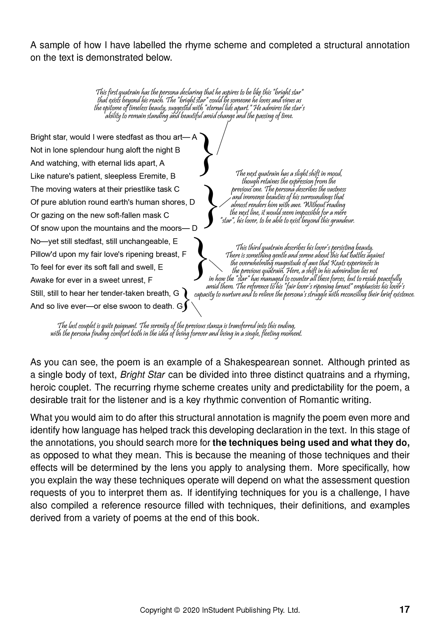 How To Analyse Poetry Text Guide by ATAR Notes, showing a poem with marked rhyme scheme and detailed structural annotations.