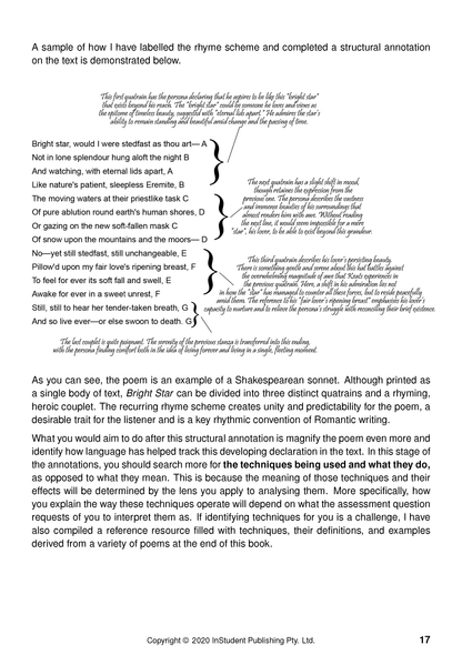 How To Analyse Poetry Text Guide by ATAR Notes, showing a poem with marked rhyme scheme and detailed structural annotations.