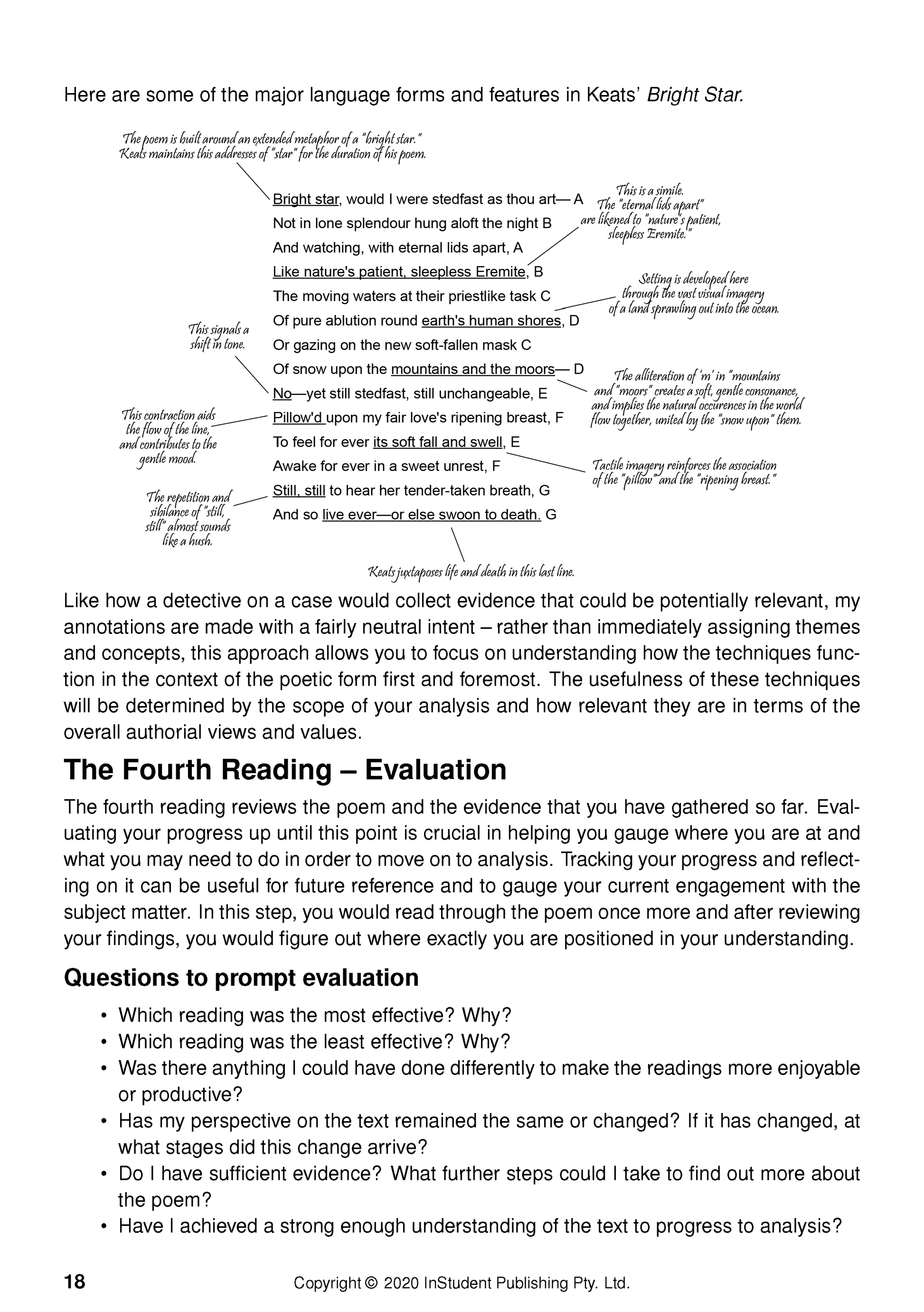 White poetry analysis guide page from ATAR Notes with annotated text of Keats' 'Bright Star' poem and evaluation questions.