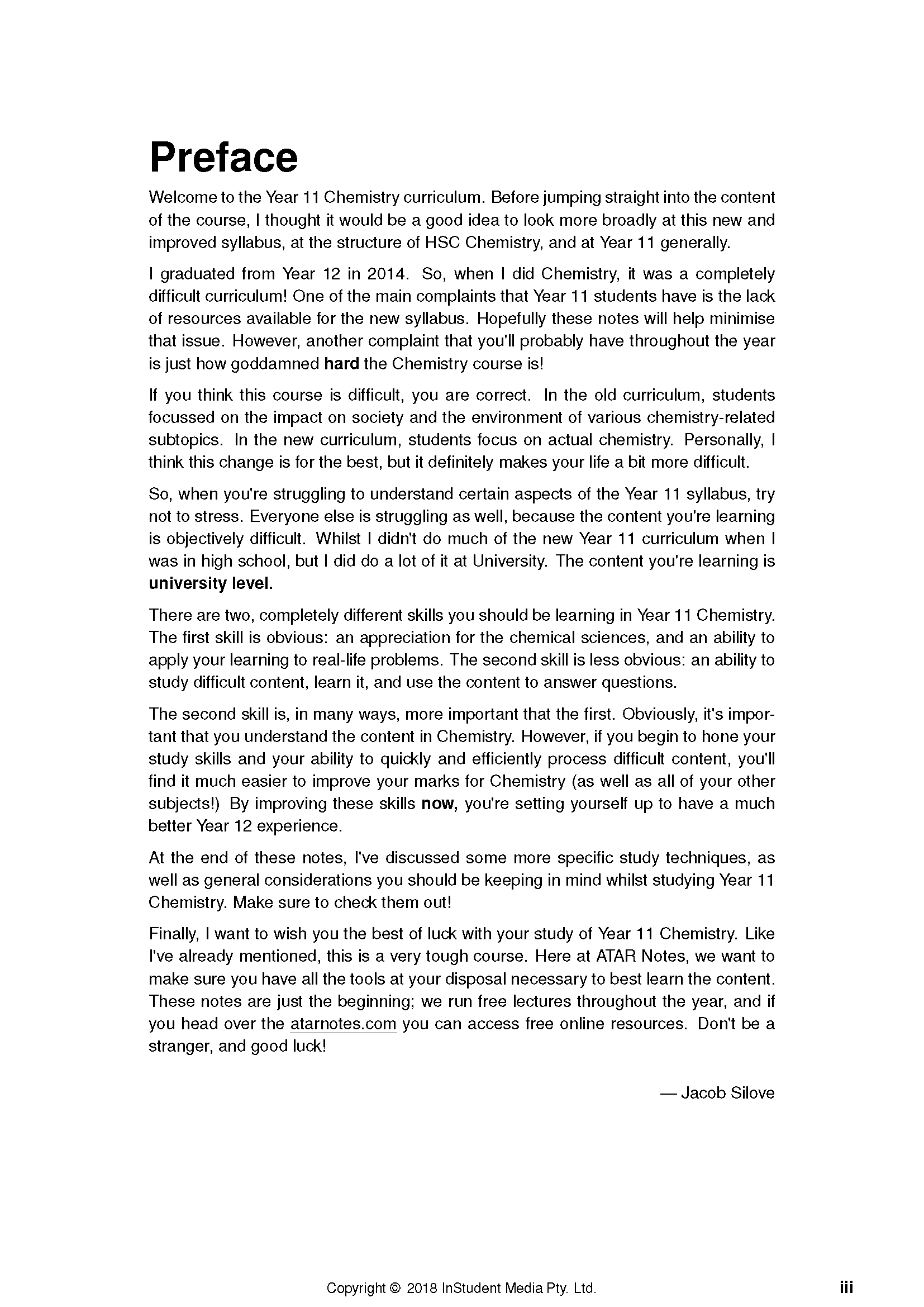White page of Year 11 Chemistry Course Notes by ATAR Notes, displaying the 'Preface' section in black text.