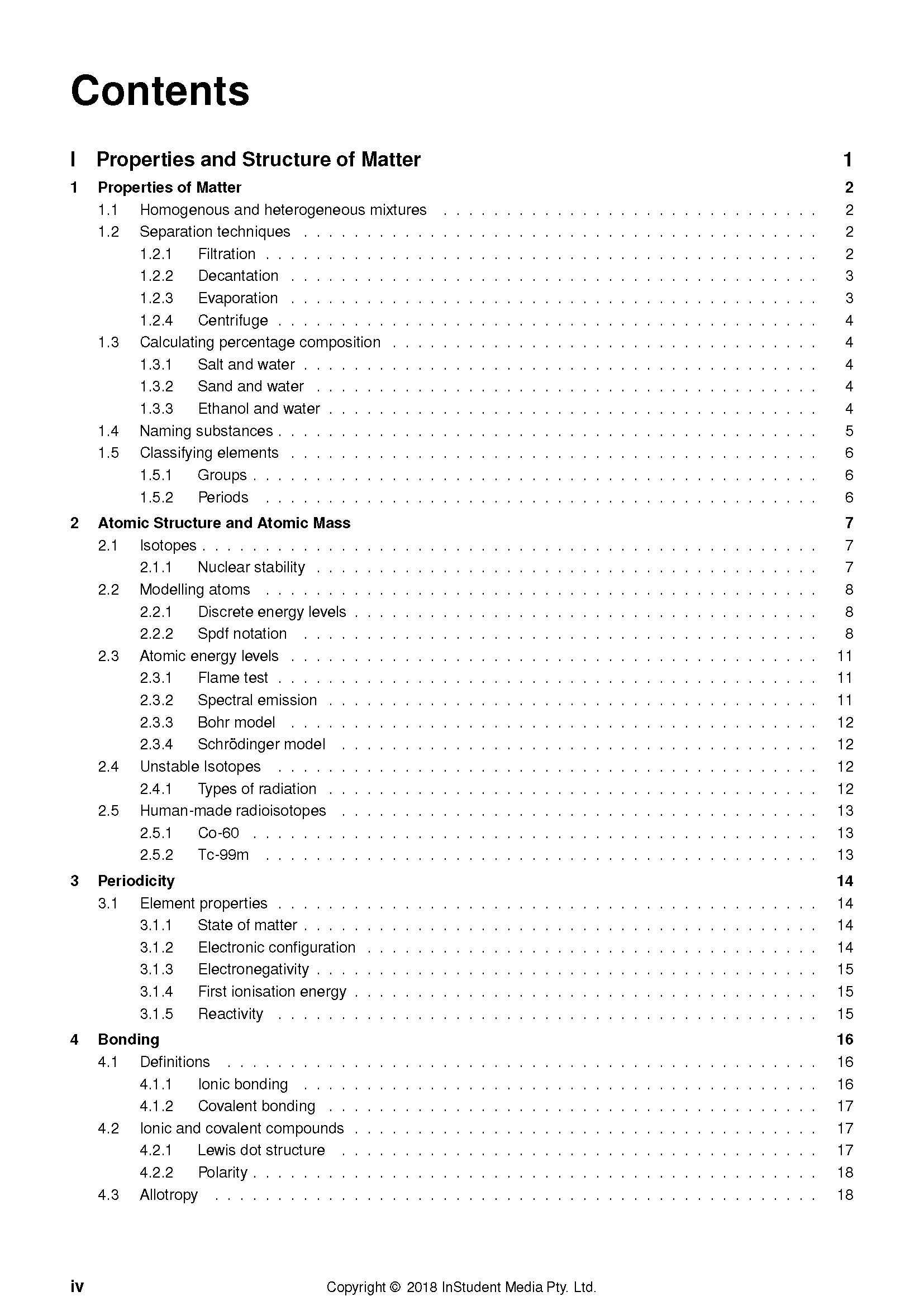 White page of Chemistry Course Notes by ATAR Notes, displaying a table of contents with numbered sections and page numbers.