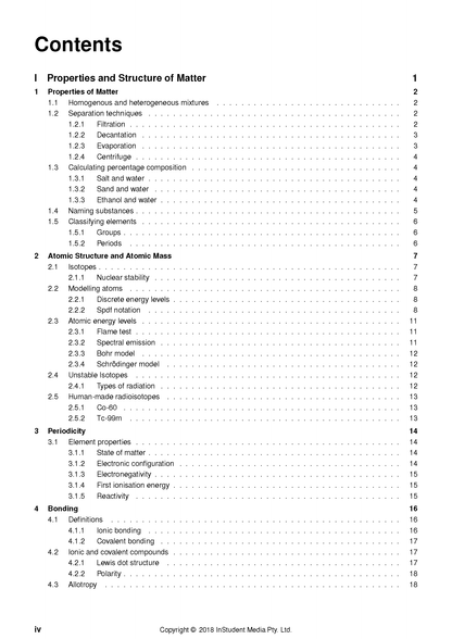 White page of Chemistry Course Notes by ATAR Notes, displaying a table of contents with numbered sections and page numbers.