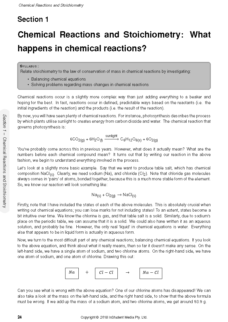 HSC Year 11 Chemistry Course Notes by ATAR Notes, showing a page with text, chemical equations, and diagrams on reactions and stoichiometry.
