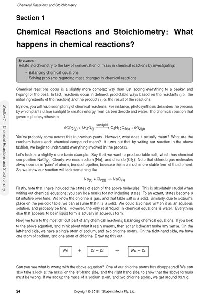 HSC Year 11 Chemistry Course Notes by ATAR Notes, showing a page with text, chemical equations, and diagrams on reactions and stoichiometry.