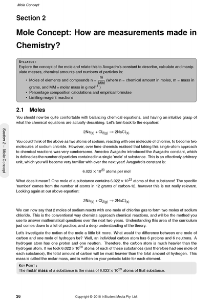 Chemistry Course Notes page by ATAR Notes, cropped view featuring content on the Mole Concept and chemical equations.
