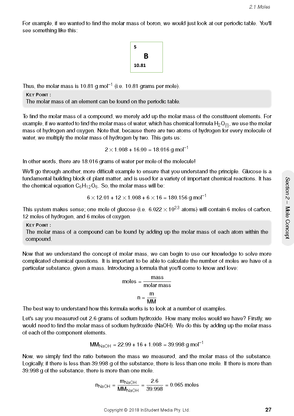 Chemistry course notes page by ATAR Notes displaying text on molar mass calculations and an element from the periodic table.