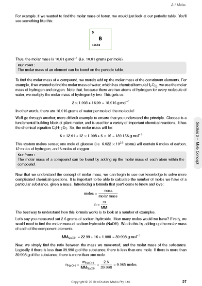 Chemistry course notes page by ATAR Notes displaying text on molar mass calculations and an element from the periodic table.