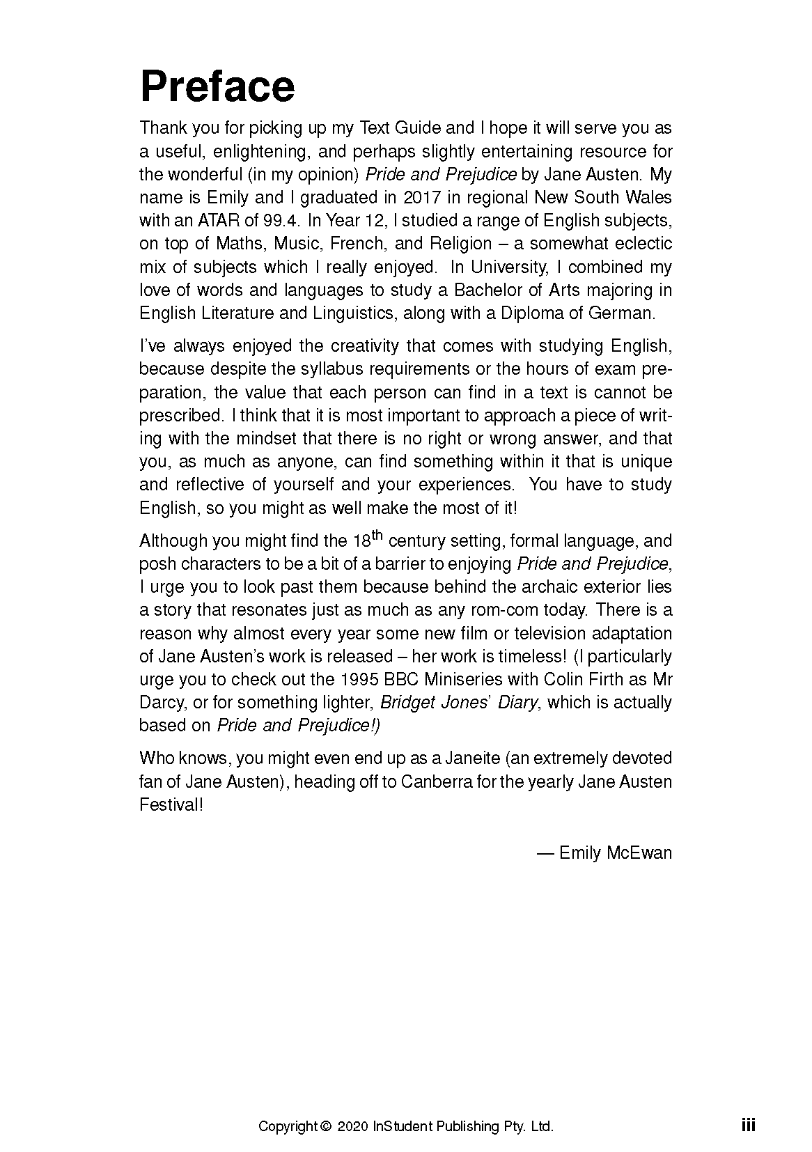 Text guide showing a page titled "Preface" with black text on a white background, including italicized book titles and copyright information.