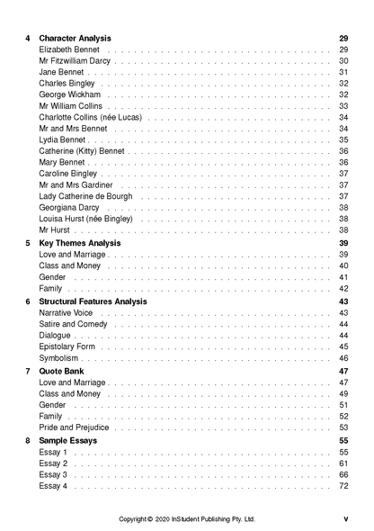 Text Guide from InStudent Publishing Pty. Ltd. displaying a table of contents with sections on Character Analysis and Sample Essays.