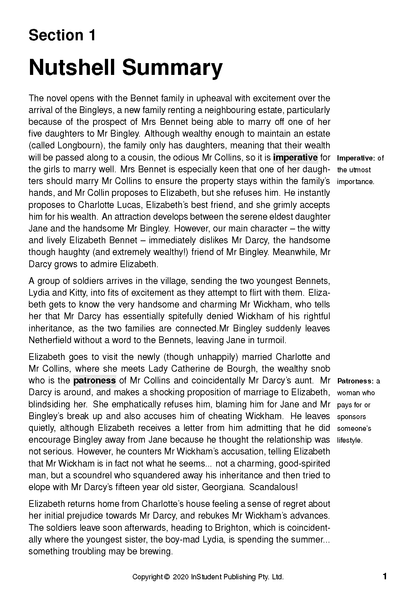 Text Guide for Pride and Prejudice, showing a page with 'Nutshell Summary' and margin definitions.