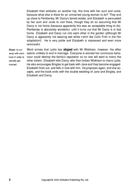 Text guide page by InStudent Publishing Pty. Ltd. with black text on white, detailing Pride and Prejudice plot and "Elope" definition.