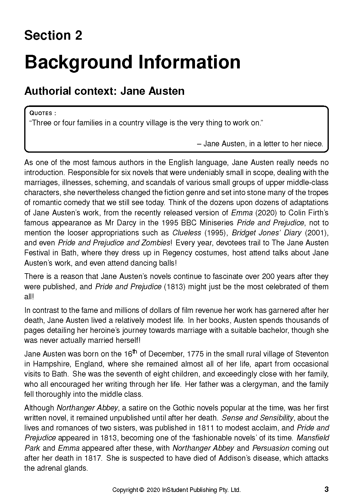 Text guide page with "Background Information" heading, a quote by Jane Austen, and paragraphs discussing her novels.