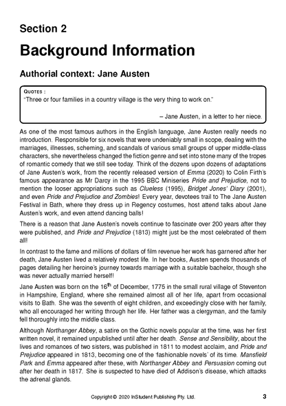 Text guide page with "Background Information" heading, a quote by Jane Austen, and paragraphs discussing her novels.