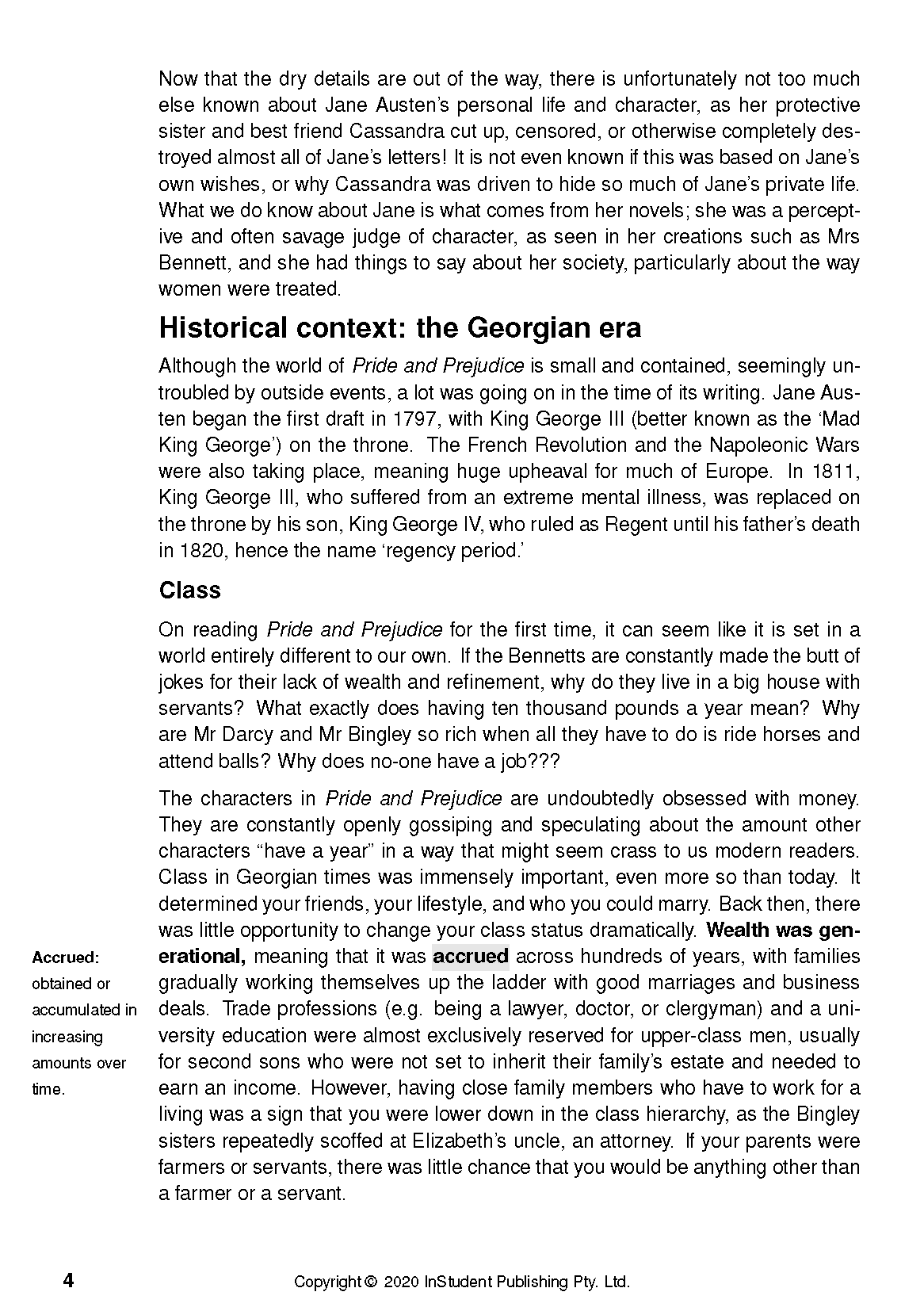 White text guide page with black text, featuring headings 'Historical context' and 'Class', an 'Accrued' glossary entry, and page 4.